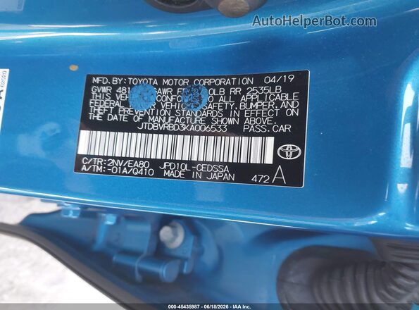 JTDBVRBD3KA006533 2019 TOYOTA MIRAI Blue Widok komory silnika