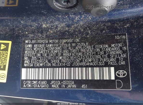 JTDBVRBD4HA001303 2017 TOYOTA MIRAI Синий 