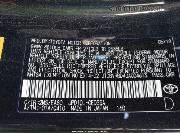 JTDBVRBD4JA004613 2018 TOYOTA MIRAI Black Вид підкапотного простору