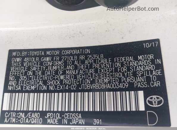 JTDBVRBD8HA003409 2017 TOYOTA MIRAI White Вид підкапотного простору