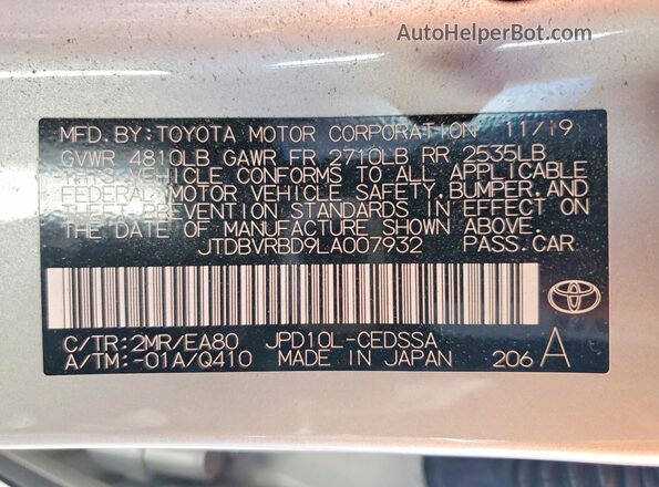 JTDBVRBD9LA007932 2020 TOYOTA MIRAI Silver Вид наклейки з VIN-кодом
