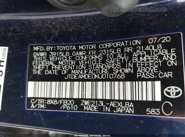 JTDEAMDE0MJ010768 2021 TOYOTA COROLLA Dark Blue Engine compartment view