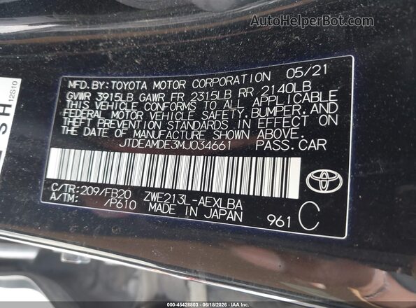 JTDEAMDE3MJ034661 2021 TOYOTA COROLLA Black Vista del compartimento del motor