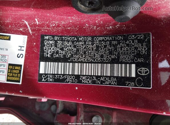 JTDEAMDE5NJ057327 2022 TOYOTA COROLLA Красный Вид подкапотного пространства