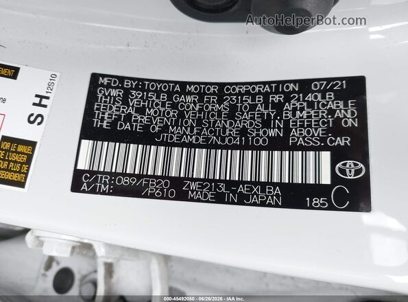 JTDEAMDE7NJ041100 2022 TOYOTA COROLLA White ძრავის განყოფილების ხედი
