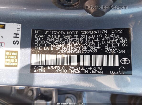 JTDEAMDEXMJ032793 2021 TOYOTA COROLLA Light Blue Շարժիչի բաժամունքի տեսք