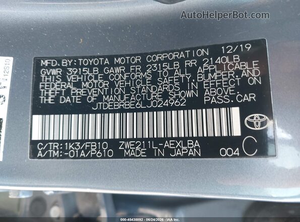 JTDEBRBE6LJ024962 2020 TOYOTA COROLLA Blue Widok komory silnika