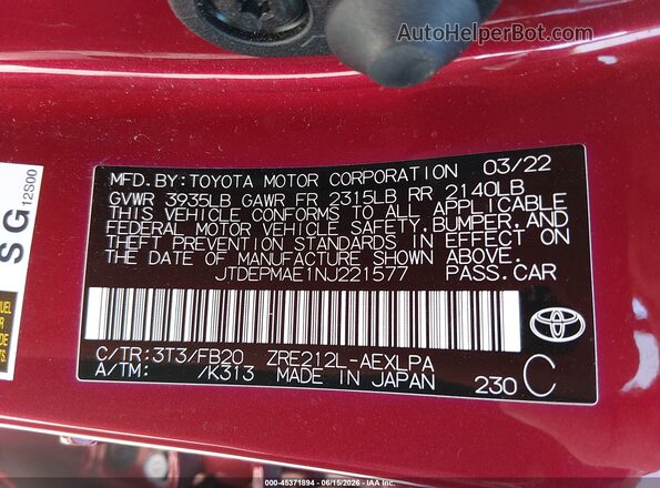 JTDEPMAE1NJ221577 2022 TOYOTA COROLLA Red Вид підкапотного простору