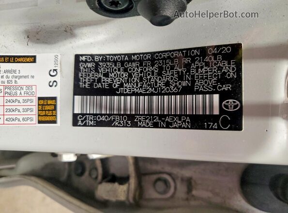JTDEPMAE2MJ120367 2021 TOYOTA COROLLA White Շարժիչի բաժամունքի տեսք