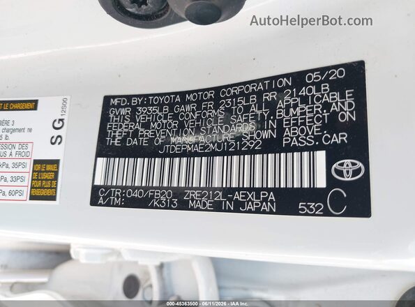 JTDEPMAE2MJ121292 2021 TOYOTA COROLLA White ძრავის განყოფილების ხედი