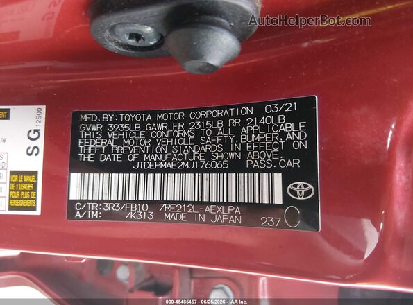 JTDEPMAE2MJ176065 2021 TOYOTA COROLLA Red ძრავის განყოფილების ხედი