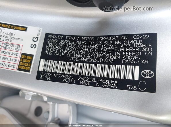 JTDEPMAE2N3015933 2022 TOYOTA COROLLA Silver Vista del compartimento del motor