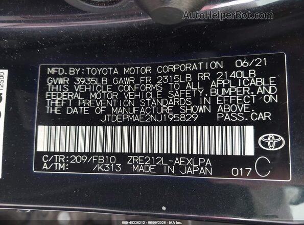 JTDEPMAE2NJ195829 2022 TOYOTA COROLLA Black Vista del compartimento del motor
