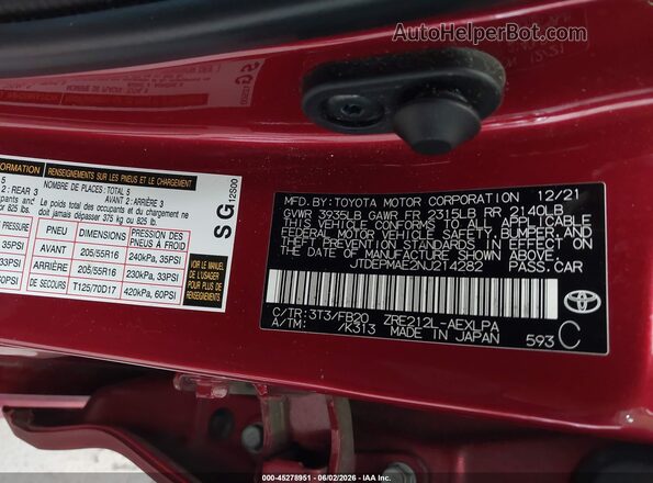 JTDEPMAE2NJ214282 2022 TOYOTA COROLLA Темно-бордовый Вид подкапотного пространства