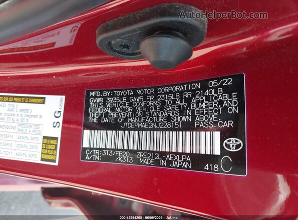 JTDEPMAE2NJ228151 2022 TOYOTA COROLLA Red 