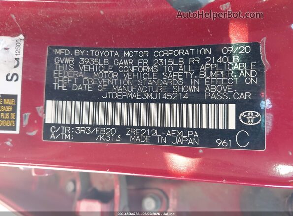 JTDEPMAE3MJ145214 2021 TOYOTA COROLLA Red VIN sticker view