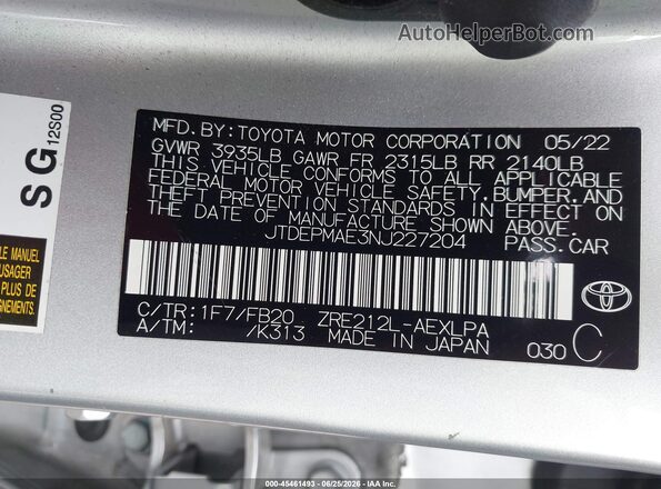JTDEPMAE3NJ227204 2022 TOYOTA COROLLA Gray Widok komory silnika