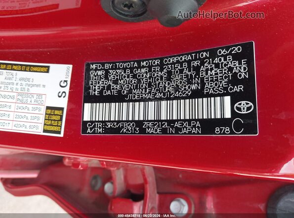 JTDEPMAE4MJ124629 2021 TOYOTA COROLLA Red Engine compartment view