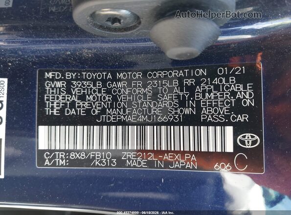 JTDEPMAE4MJ166931 2021 TOYOTA COROLLA Blue Շարժիչի բաժամունքի տեսք
