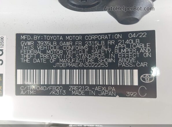 JTDEPMAE4N3022253 2022 TOYOTA COROLLA White Vista del compartimento del motor