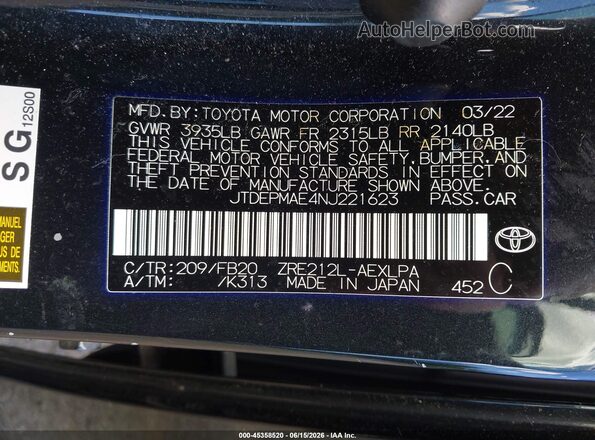 JTDEPMAE4NJ221623 2022 TOYOTA COROLLA Black Շարժիչի բաժամունքի տեսք