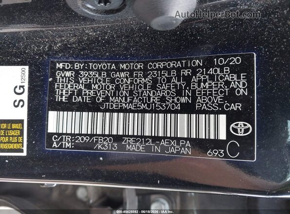 JTDEPMAE5MJ153704 2021 TOYOTA COROLLA Black Widok komory silnika