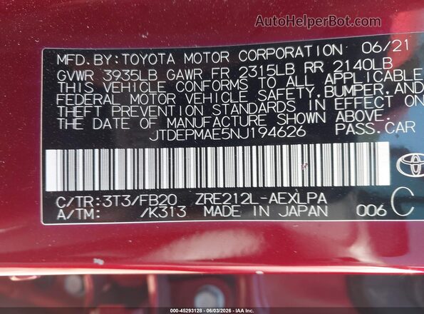 JTDEPMAE5NJ194626 2022 TOYOTA COROLLA Red Вид підкапотного простору