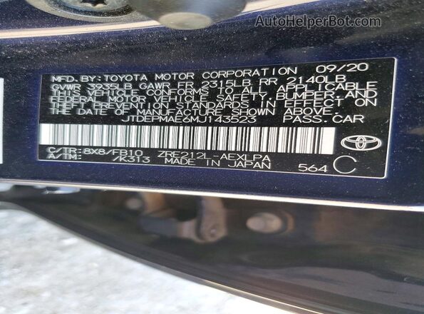 JTDEPMAE6MJ143523 2021 TOYOTA COROLLA Blue Vista del compartimento del motor