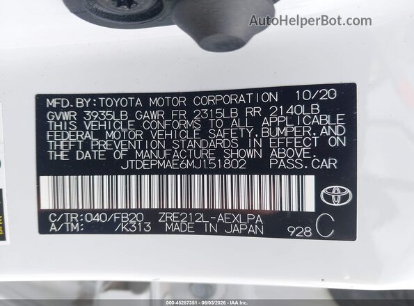 JTDEPMAE6MJ151802 2021 TOYOTA COROLLA Белый Вид подкапотного пространства
