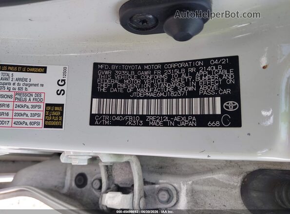 JTDEPMAE6MJ182371 2021 TOYOTA COROLLA White Вид підкапотного простору