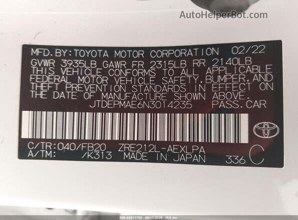 JTDEPMAE6N3014235 2022 TOYOTA COROLLA White Вид підкапотного простору