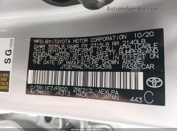 JTDEPMAE7MJ154398 2021 TOYOTA COROLLA Silver Вид підкапотного простору