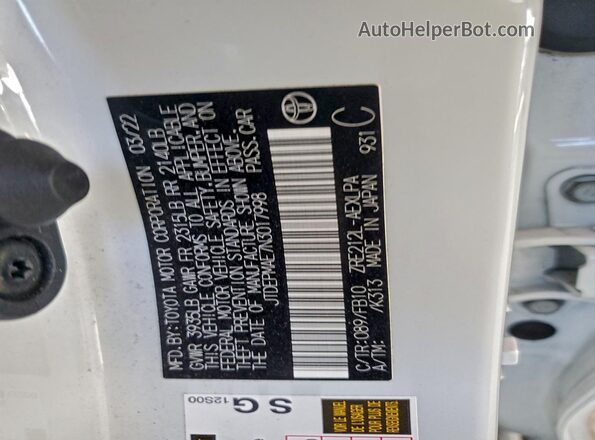 JTDEPMAE7N3017998 2022 TOYOTA COROLLA White VIN კოდის სტიკერის ხედი