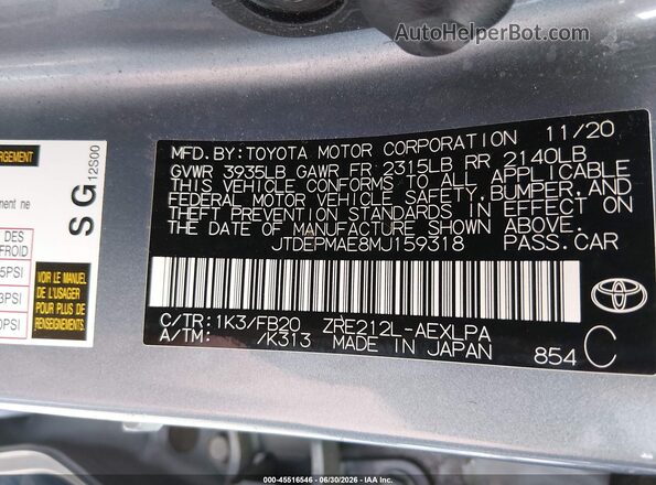 JTDEPMAE8MJ159318 2021 TOYOTA COROLLA Light Blue Widok komory silnika