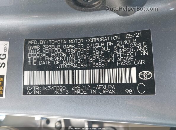 JTDEPMAE8MJ188561 2021 TOYOTA COROLLA Серый 