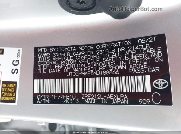 JTDEPMAE8MJ188866 2021 TOYOTA COROLLA Silver Вид підкапотного простору