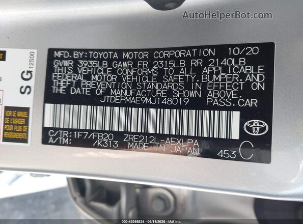 JTDEPMAE9MJ148019 2021 TOYOTA COROLLA Silver Vista del compartimento del motor