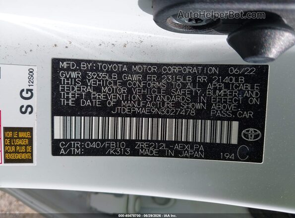 JTDEPMAE9N3027478 2022 TOYOTA COROLLA White Շարժիչի բաժամունքի տեսք