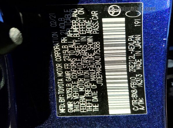 JTDEPMAEXMJ175388 2021 TOYOTA COROLLA Blue Vista del compartimento del motor
