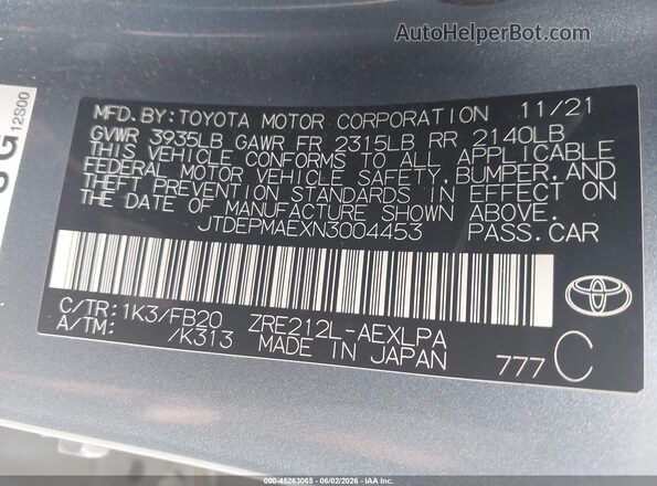 JTDEPMAEXN3004453 2022 TOYOTA COROLLA Light Blue Vista del compartimento del motor