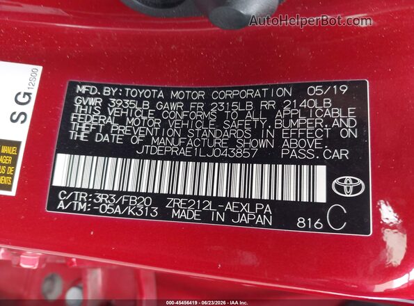 JTDEPRAE1LJ043857 2020 TOYOTA COROLLA Красный Вид подкапотного пространства