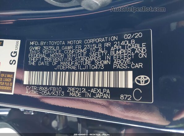 JTDEPRAE1LJ110473 2020 TOYOTA COROLLA Blue Widok komory silnika