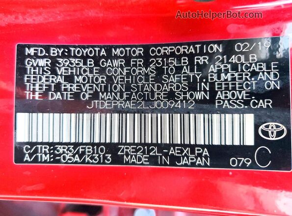 JTDEPRAE2LJ009412 2020 TOYOTA COROLLA Red VIN կոդի պիտակի տեսք
