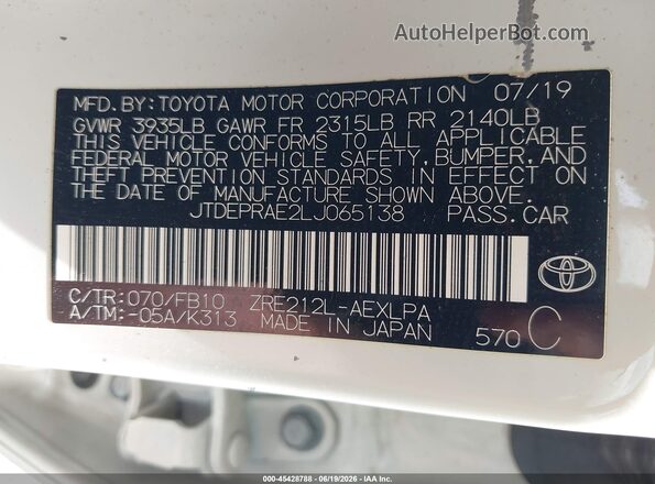 JTDEPRAE2LJ065138 2020 TOYOTA COROLLA White Vista del compartimento del motor