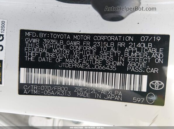 JTDEPRAE2LJ066435 2020 TOYOTA COROLLA White Engine compartment view