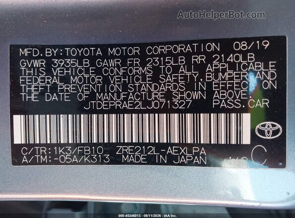 JTDEPRAE2LJ071327 2020 TOYOTA COROLLA Light Blue Engine compartment view