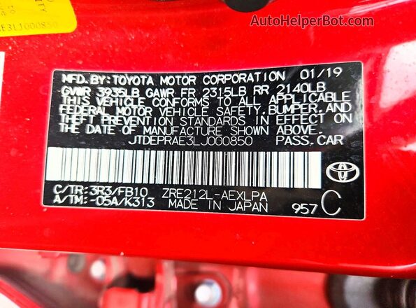 JTDEPRAE3LJ000850 2020 TOYOTA COROLLA Red VIN sticker view