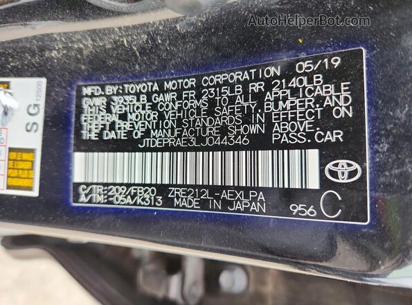 JTDEPRAE3LJ044346 2020 TOYOTA COROLLA Черный Вид наклейки с VIN-кодом