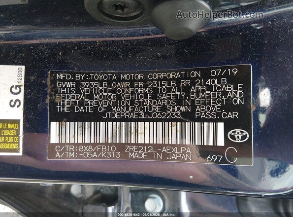 JTDEPRAE3LJ062233 2020 TOYOTA COROLLA Blue Engine compartment view