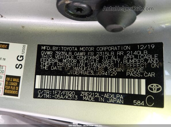JTDEPRAE3LJ094129 2020 TOYOTA COROLLA Silver Շարժիչի բաժամունքի տեսք